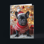 Weihnachts-Französischer Bulldog mit Weihnachtsman Karte<br><div class="desc">Ein schwarzer französischer Bulldog in einem rot-weiß gestreiften Pullover sitzt auf einem weißen Pelzteppich. Text kann geändert werden.</div>