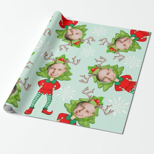 Weihnachts Funny Custom Face Foto Santa's Elf Gesc Geschenkpapier (Ungerollt)