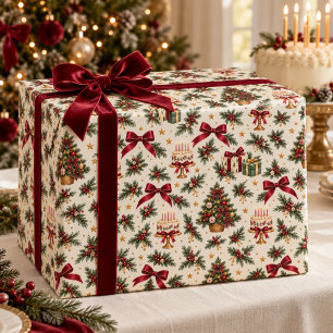 Weihnachts-Geburtstagskuchen Burgunder-Schleifen-V Geschenkpapier