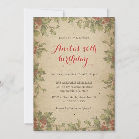 Weihnachts-Geburtstagsparty Vintag Holly Wreath 50 Einladung (Vorderseite)