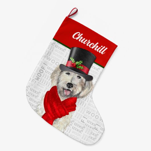 Weihnachts-Gelbes Labradoodle mit Hundenname Großer Weihnachtsstrumpf (Vorderansicht (hängend))
