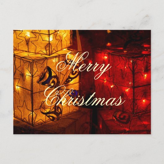Weihnachts-Geschenkboxen mit Lichtern Feiertagspostkarte (Vorderseite)
