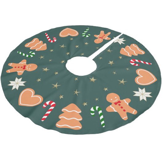 Weihnachts-Gingerbread-Kekse Dunkler grüner Baumsc Polyester Weihnachtsbaumdecke (Schrägansicht)
