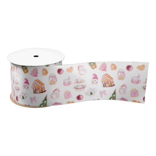 Weihnachts-Gingerbread Pink Satinband (Spule)