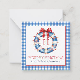 Weihnachts Gingham Monogram Wreath an der Küste Mitteilungskarte