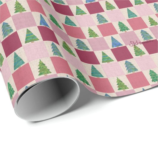Weihnachts Gingham Wrapping Paper mit Holiday Tree Geschenkpapier (Rolleneckpunkt)