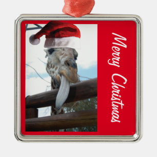 Weihnachts-Giraffe mit einem Weihnachtshut Ornament Aus Metall