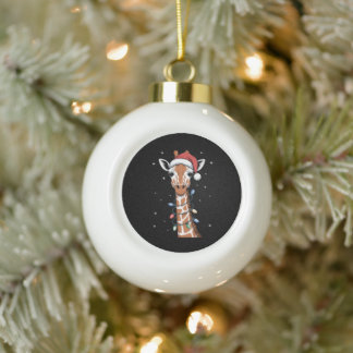 Weihnachts-Giraffe-Santa-Hut-Xmas-Lichter-Schneefl Keramik Kugel-Ornament