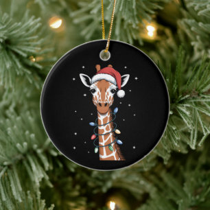 Weihnachts-Giraffe-Santa-Hut-Xmas-Lichter-Schneefl Keramik Ornament