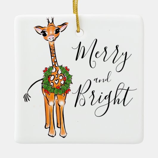 Weihnachts-Giraffen, Rot-Grün-Holly-Kranz Keramikornament (Vorderseite)
