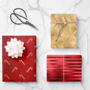 Weihnachts-Glamour-Zuckerstangen-Muster Rot Gold F Geschenkpapier Set