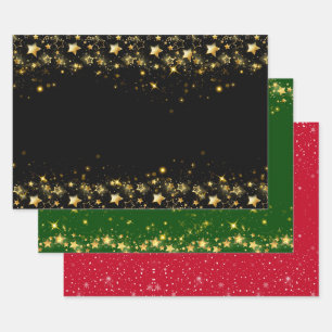 Weihnachts glänzende Sterne WRAPPING PAPER SHEETS Geschenkpapier Set