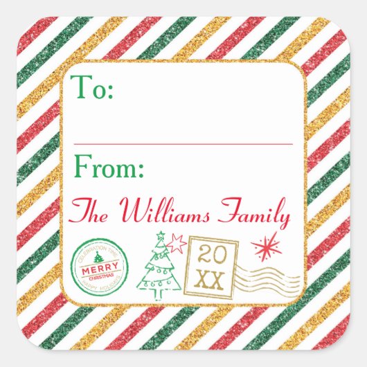 Weihnachts-Glitzer Airmail Briefmarkenschild-Tags Quadratischer Aufkleber (Vorderseite)