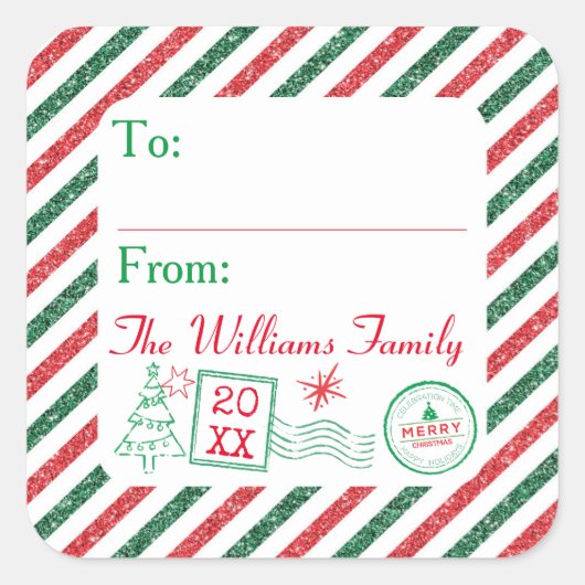 Weihnachts-Glitzer Airmail Briefmarkenschild-Tags Quadratischer Aufkleber (Vorderseite)