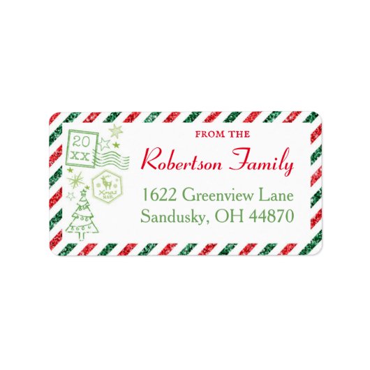Weihnachts-Glitzer Vintage Luftpost-Versandmarke Adressaufkleber (Vorne)