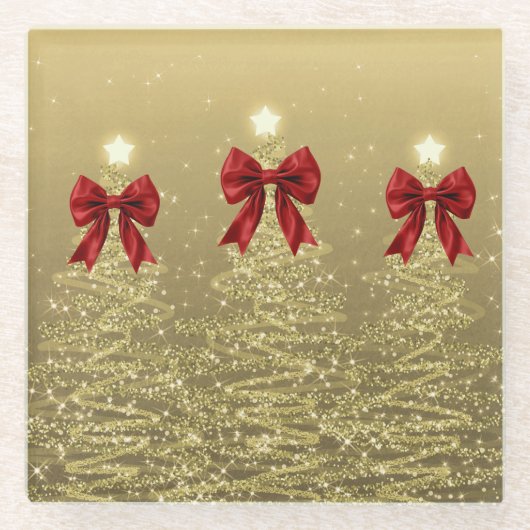 Weihnachts-Glitzerbäume Gold mit falscher roter Sc Glasuntersetzer (Vorderseite)