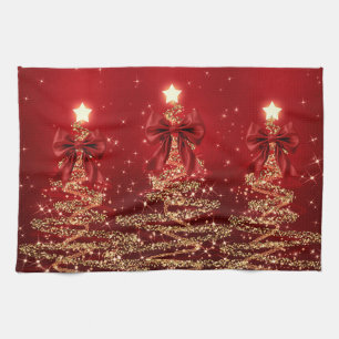 Weihnachts-Glitzerbäume Rot Gold Falsche Schleife  Geschirrtuch