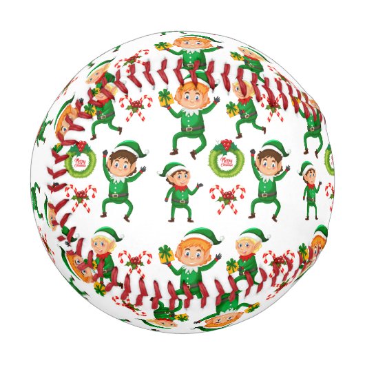 Weihnachts-glücklicher Elf mit Geschenk Muster Baseball (Vorderseite Links)