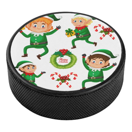 Weihnachts-glücklicher Elf mit Geschenk Muster Eishockey Puck (3/4)