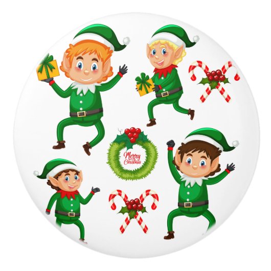 Weihnachts-glücklicher Elf mit Geschenk Muster Keramikknauf (Vorderseite)
