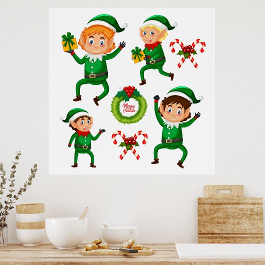 Weihnachts-glücklicher Elf mit Geschenk Muster Poster (Küche)