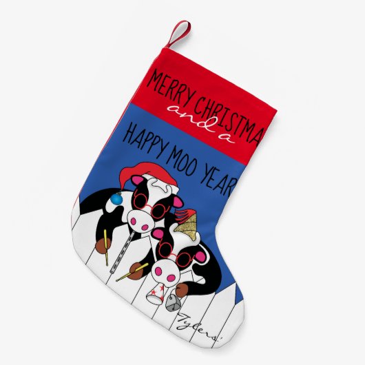 Weihnachts-glückliches Moo-Jahr-Strumpf Kleiner Weihnachtsstrumpf (Vorderansicht (hängend))