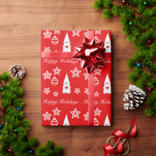 Weihnachts-Gnom, Schneeflocken & Sterne auf Rot Geschenkpapier