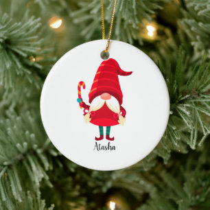 Weihnachts-Gnome halten eine Candy Cane Keramik Ornament