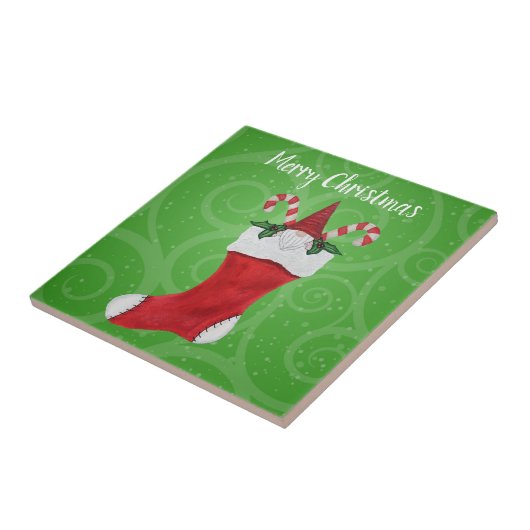 Weihnachts-Gnome mit Bart im Strumpf Candy Canes Fliese (Seite)