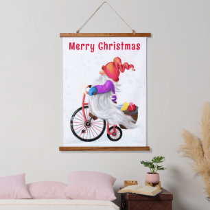 Weihnachts-Gnome mit Bike und Geschenk Wandteppich Mit Holzrahmen