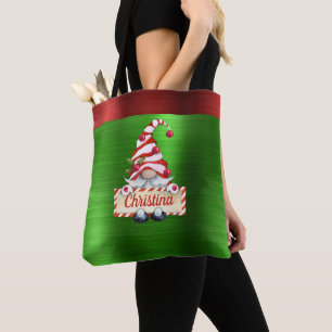 Weihnachts-Gnome Red Striped Hat Green Metallic Tasche