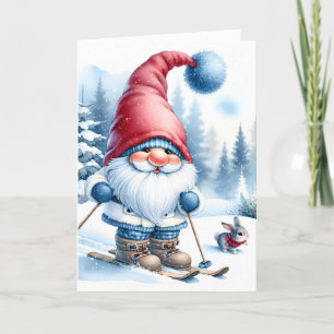 Weihnachts-Gnome-Skifahren mit sonniger Aussicht Feiertagskarte