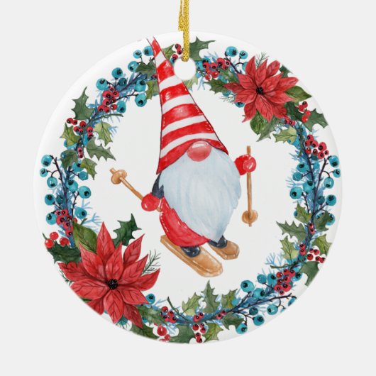 Weihnachts-Gnome-Skifahren, mit Wreath-Ornament Keramik Ornament (Hinten)