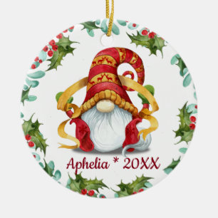 WEIHNACHTS-Gnome Stechpalmen-Beeren-Kranz Feiertag Keramik Ornament