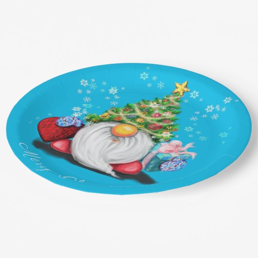 Weihnachts-Gnome-Teller Pappteller (Schrägansicht)