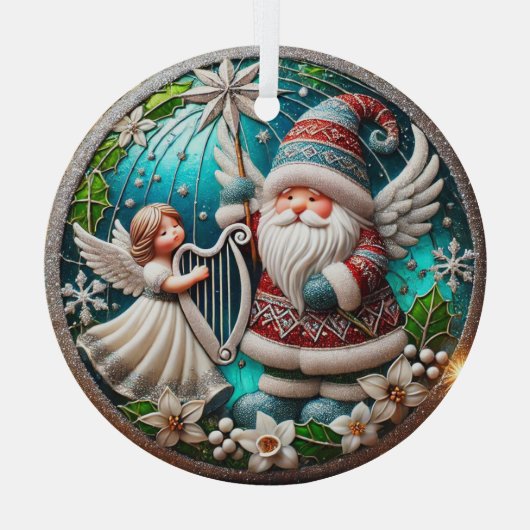 Weihnachts-Gnome und Angel spielen Harfe Ornament Aus Glas (Rückseite)