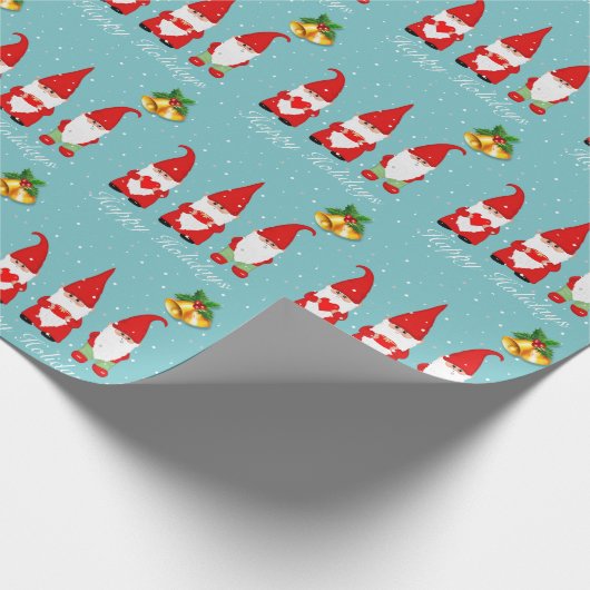 Weihnachts-Gnomen & Glocken auf Light Blue Geschenkpapier (Ecke)
