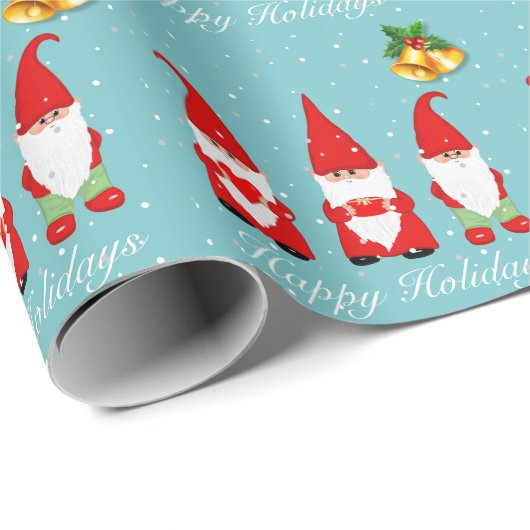 Weihnachts-Gnomen & Glocken auf Light Blue Geschenkpapier (Rolleneckpunkt)