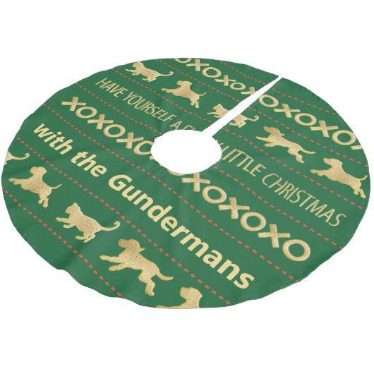 Weihnachts Gold Cat Dog Furries Polyester Weihnachtsbaumdecke (Schrägansicht)