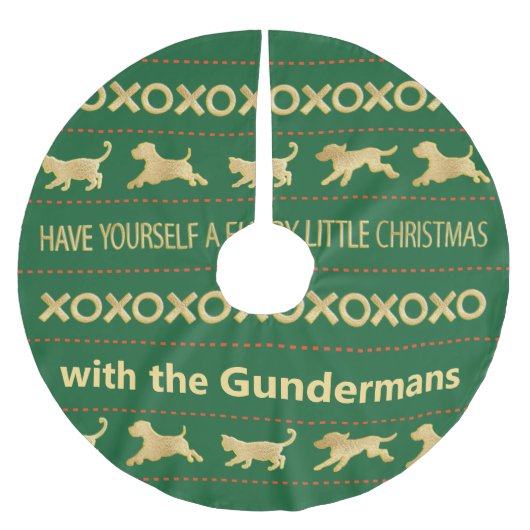 Weihnachts Gold Cat Dog Furries Polyester Weihnachtsbaumdecke (Vorderseite)