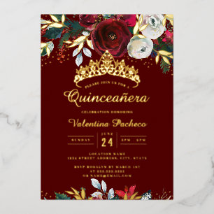 Weihnachts Gold Red Festive Foliage Quinceanera Folieneinladung