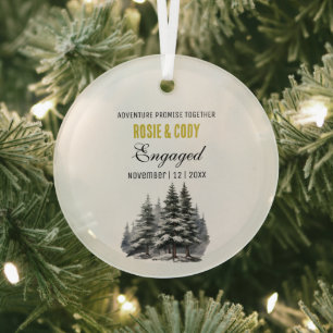 Weihnachts Gold Rustikale Pine Trees Couple Verlob Ornament Aus Glas