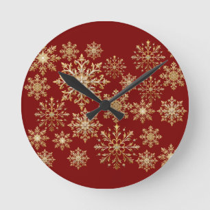 Weihnachts-Gold und Rot-Schneeflocke Runde Wanduhr