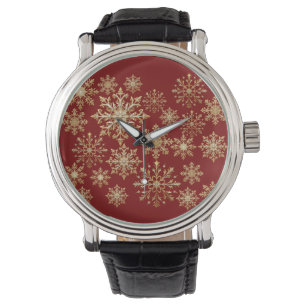 Weihnachts-Gold und rote Schneeflocke Armbanduhr