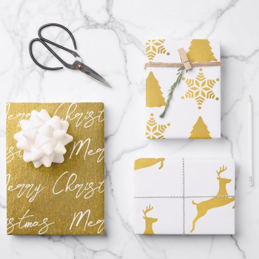 Weihnachts-Gold und Weißmuster Geschenkpapier Set (Vorderseite)