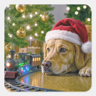 Weihnachts-Golden-Retriever beim Beobachten eines Quadratischer Aufkleber