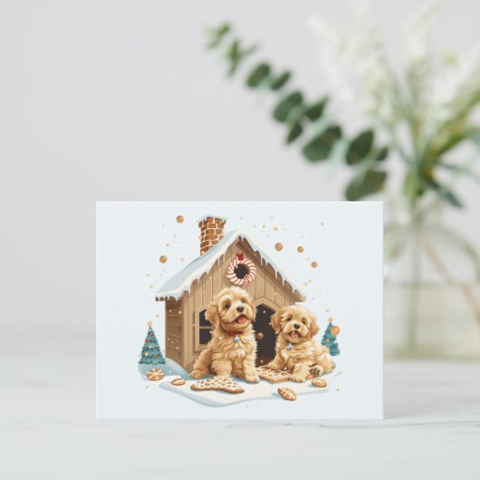 Weihnachts Golden Retriever Hunde Gingerbread Haus Postkarte (Stehend Vorderseite)