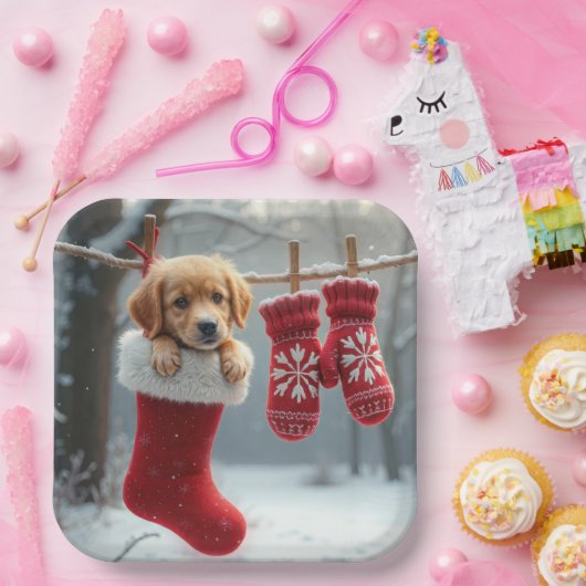 Weihnachts-Golden Retriever im Strumpf Pappteller (Party)