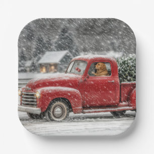 Weihnachts-Golden Retriever in einem Retro-Pickup- Pappteller