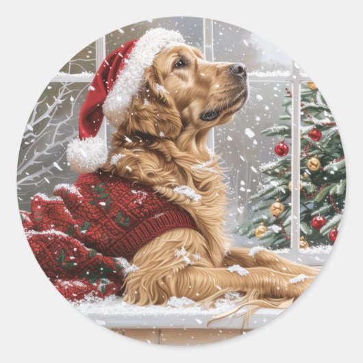 Weihnachts Golden Retriever Santa Dog Runder Aufkleber (Vorderseite)